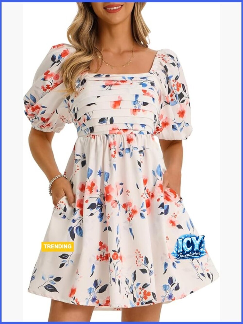 Polyester Babydoll Dress with Smocked Waist and Square Neck